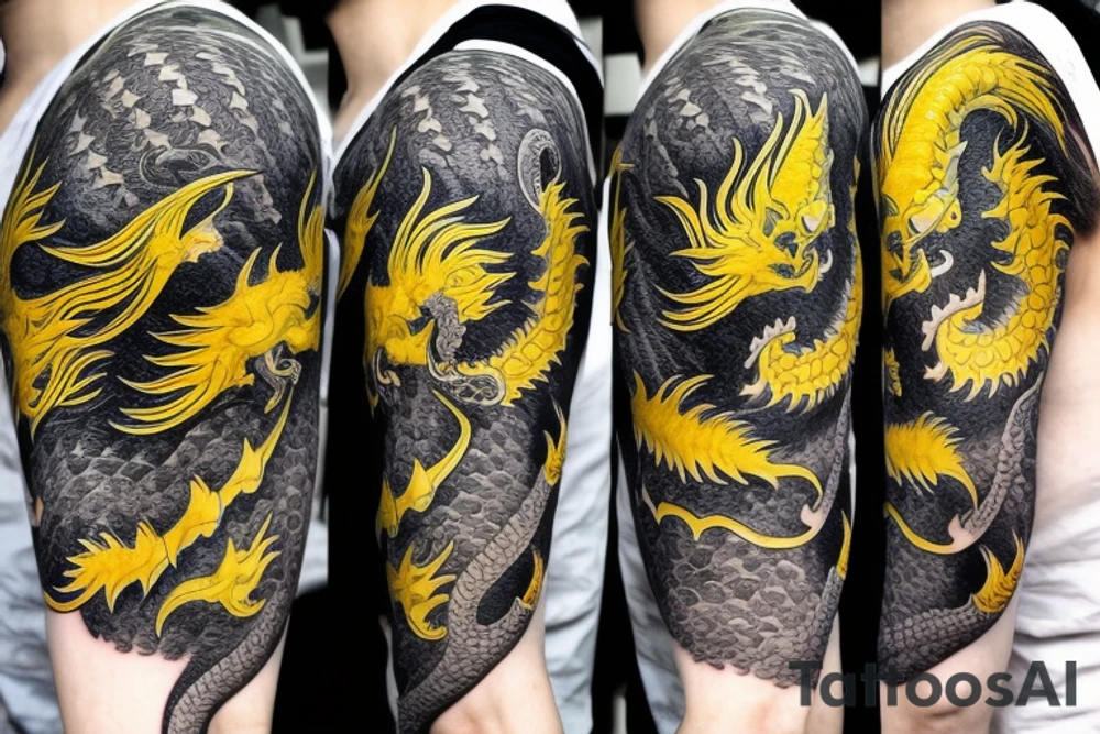 Shoulder sleeve
dragon tattoo with black scales, yellow highlights on scales, long sharp claws, silky hair and intense eyes. dragon has lions hair

silky hair
trippy
abstract negative spaces
scratch marks tattoo idea