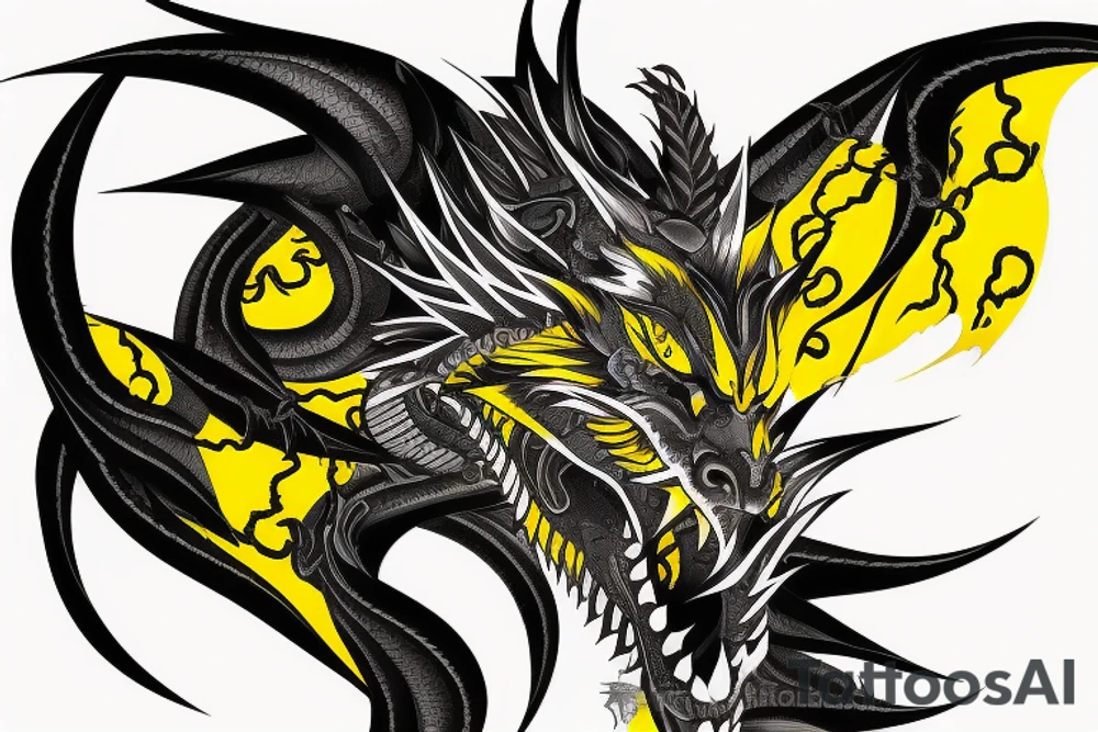 Shoulder sleeve
dragon tattoo with black scales, yellow highlights on scales, long sharp claws, silky hair and intense eyes. dragon has lions hair

silky hair
trippy
abstract negative spaces
scratch marks tattoo idea