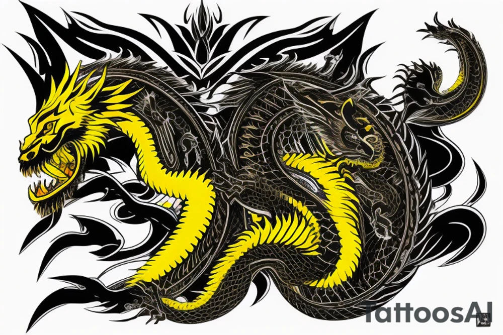 Shoulder sleeve
dragon tattoo with black scales, yellow highlights on scales, long sharp claws, silky hair and intense eyes. dragon has lions hair

silky hair
trippy
abstract negative spaces
scratch marks tattoo idea