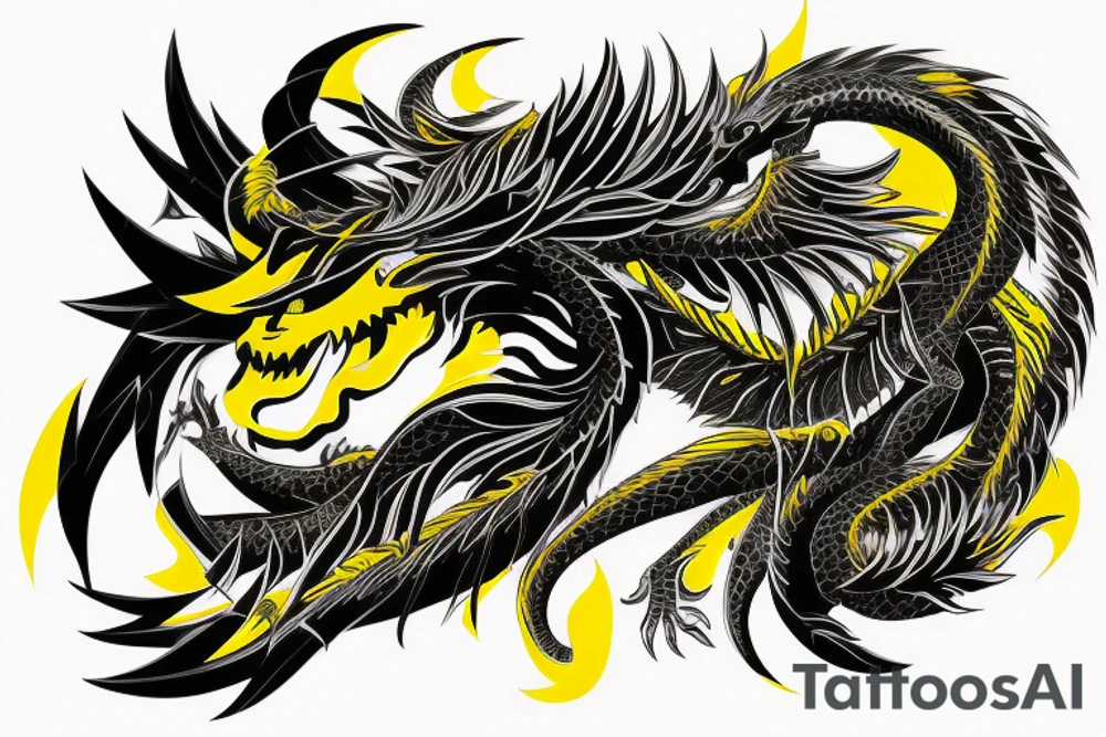 Shoulder sleeve
dragon tattoo with black scales, yellow highlights on scales, long sharp claws, silky hair and intense eyes. dragon has lions hair

silky hair
trippy
abstract negative spaces
scratch marks tattoo idea