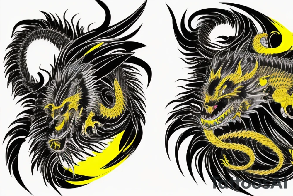 Shoulder sleeve
dragon tattoo with black scales, yellow highlights on scales, long sharp claws, silky hair and intense eyes. dragon has lions hair

silky hair
trippy
abstract negative spaces
scratch marks tattoo idea