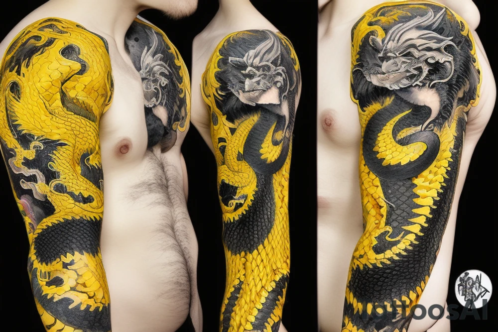 Shoulder sleeve
dragon tattoo with black scales, yellow highlights on scales, long sharp claws, silky hair and intense eyes. dragon has lions hair

silky hair
trippy
abstract negative spaces
scratch marks tattoo idea