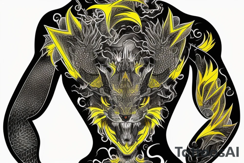Shoulder sleeve
dragon tattoo with black scales, yellow highlights on scales, long sharp claws, silky hair and intense eyes. dragon has lions hair

silky hair
trippy
abstract negative spaces
scratch marks tattoo idea
