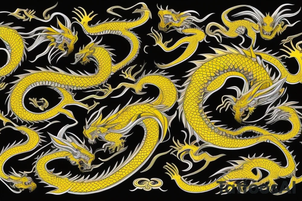 Shoulder sleeve
dragon tattoo with black scales, yellow highlights on scales, long sharp claws, silky hair and intense eyes. dragon has lions hair

silky hair
trippy
abstract negative spaces
scratch marks tattoo idea