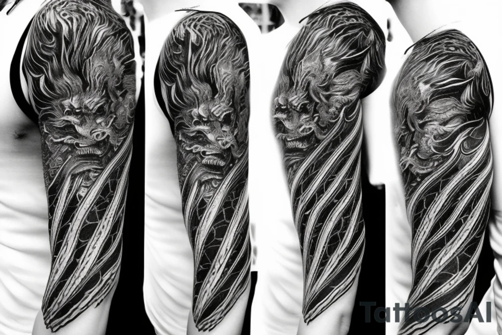 Shoulder sleeve
dragon tattoo with black scales, yellow highlights on scales, long sharp claws, silky hair and intense eyes. dragon has lions hair

silky hair
trippy
abstract negative spaces
scratch marks tattoo idea