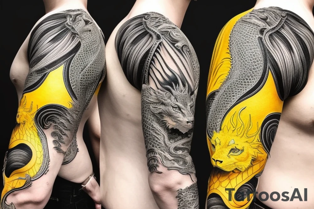 Shoulder sleeve
dragon tattoo with black scales, yellow highlights on scales, long sharp claws, silky hair and intense eyes. dragon has lions hair

silky hair
trippy
abstract negative spaces
scratch marks tattoo idea