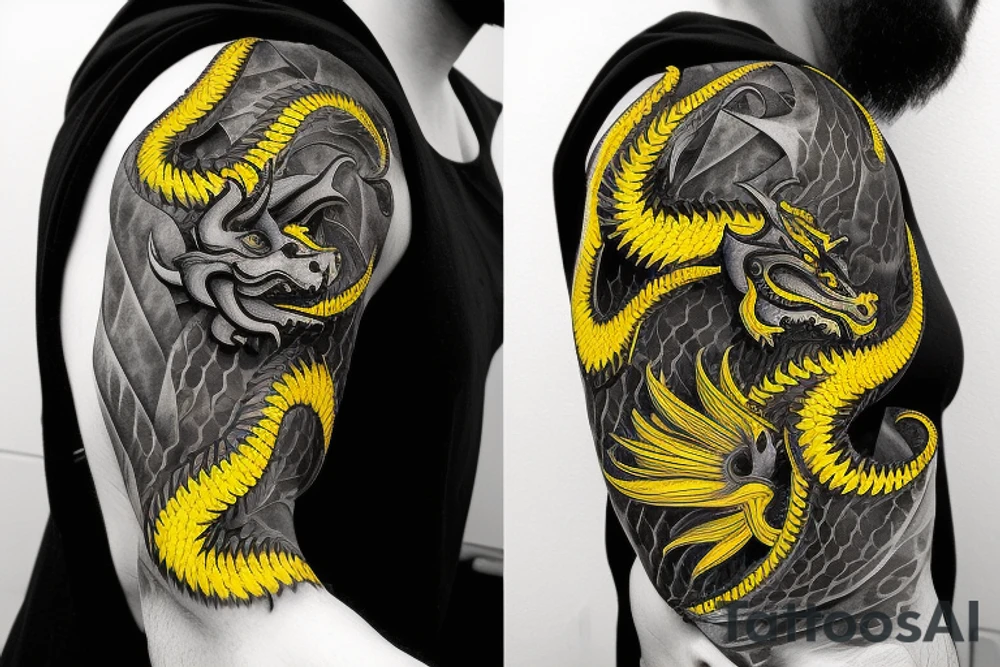 Shoulder sleeve
dragon tattoo with black scales, yellow highlights on scales, long sharp claws, silky hair and intense eyes. dragon has lions hair

silky hair
trippy
abstract negative spaces
scratch marks tattoo idea