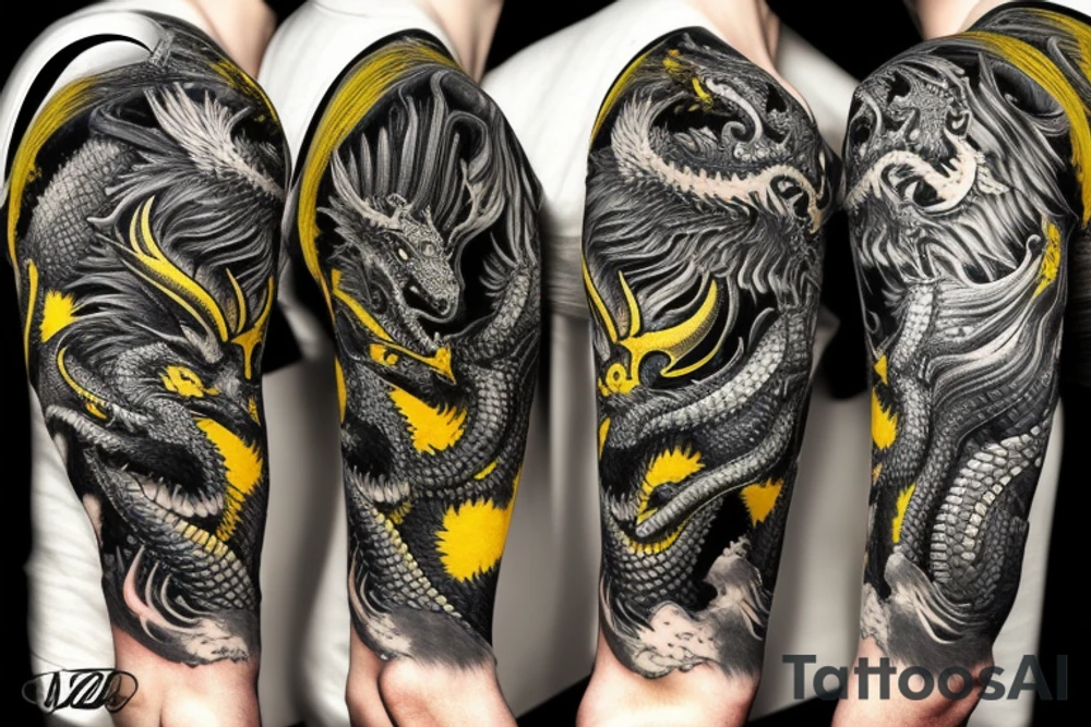 Shoulder sleeve
dragon tattoo with black scales, yellow highlights on scales, long sharp claws, silky hair and intense eyes. dragon has lions hair

silky hair
trippy
abstract negative spaces
scratch marks tattoo idea