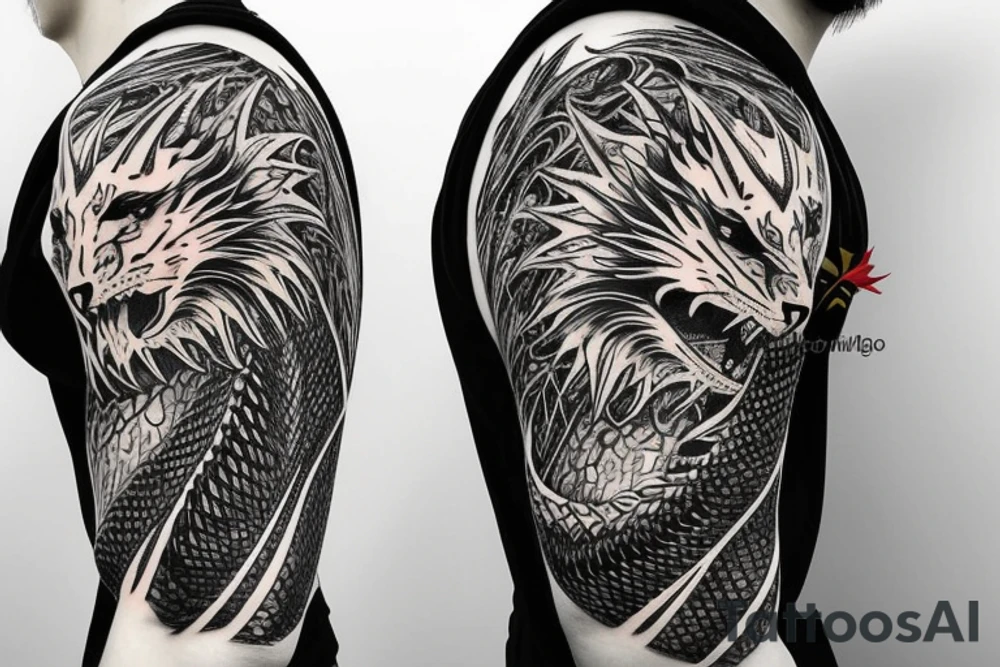 Shoulder sleeve
dragon tattoo with black scales, yellow highlights on scales, long sharp claws, silky hair and intense eyes. dragon has lions hair

silky hair
trippy
abstract negative spaces
scratch marks tattoo idea
