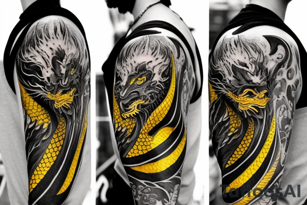 Shoulder sleeve
dragon tattoo with black scales, yellow highlights on scales, long sharp claws, silky hair and intense eyes. dragon has lions hair

silky hair
trippy
abstract negative spaces
scratch marks tattoo idea