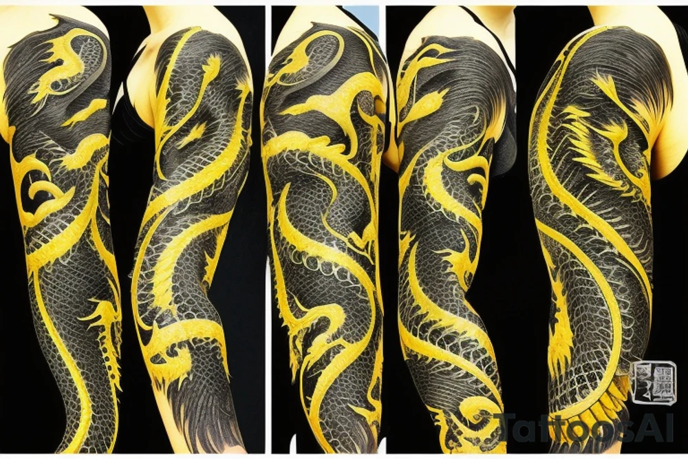 Shoulder sleeve
dragon tattoo with black scales, yellow highlights on scales, long sharp claws, silky hair and intense eyes. dragon has lions hair

silky hair
trippy
abstract negative spaces
scratch marks tattoo idea