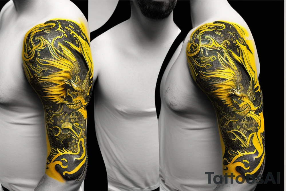 Shoulder sleeve
dragon tattoo with black scales, yellow highlights on scales, long sharp claws, silky hair and intense eyes. dragon has lions hair

silky hair
trippy
abstract negative spaces
scratch marks tattoo idea