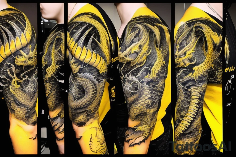 Shoulder sleeve
dragon tattoo with black scales, yellow highlights on scales, long sharp claws, silky hair and intense eyes. dragon has lions hair

silky hair
trippy
abstract negative spaces
scratch marks tattoo idea