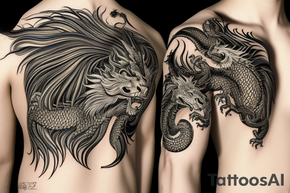 Shoulder sleeve
dragon tattoo with black scales, yellow highlights on scales, long sharp claws, silky hair and intense eyes. dragon has lions hair

silky hair
trippy
abstract negative spaces
scratch marks tattoo idea