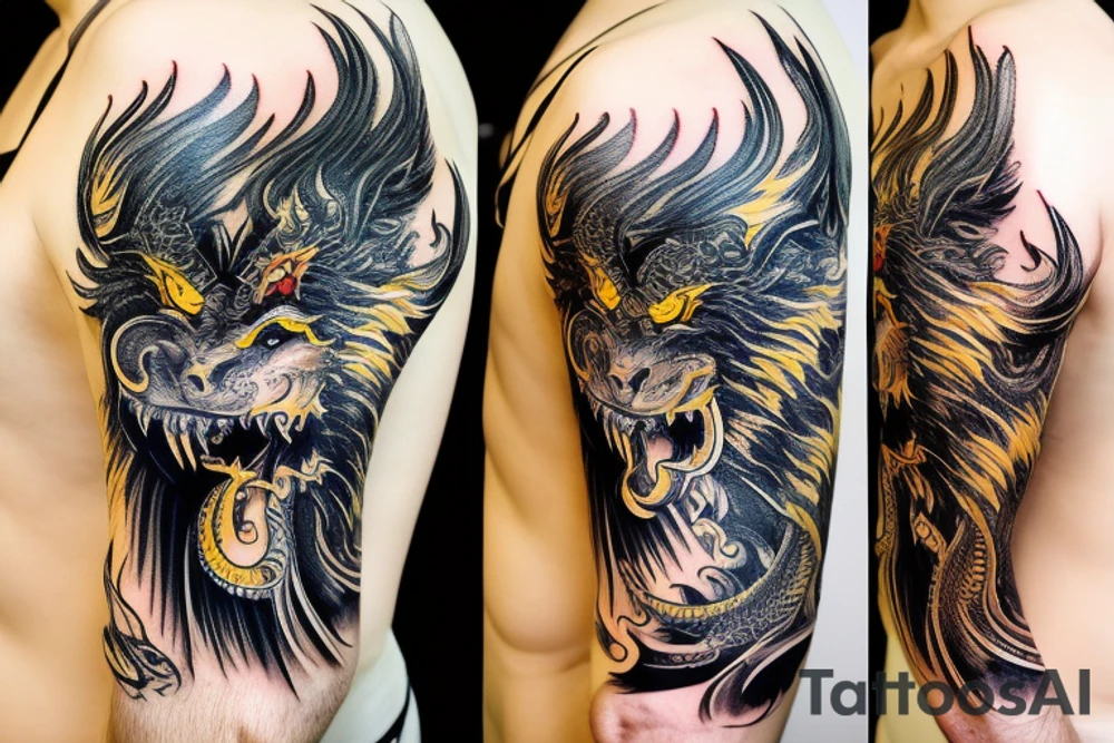 Shoulder sleeve
dragon tattoo with black scales, yellow highlights on scales, long sharp claws, silky hair and intense eyes. dragon has lions hair

silky hair
trippy
abstract negative spaces
scratch marks tattoo idea