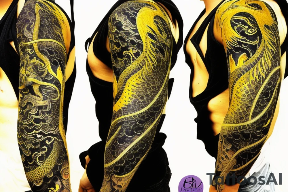 Shoulder sleeve
dragon tattoo with black scales, yellow highlights on scales, long sharp claws, silky hair and intense eyes. dragon has lions hair

silky hair
trippy
abstract negative spaces
scratch marks tattoo idea