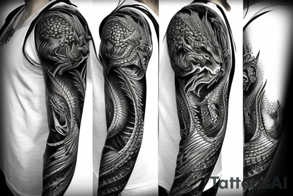 Shoulder sleeve
dragon tattoo with black scales, yellow highlights on scales, long sharp claws, silky hair and intense eyes. dragon has lions hair

silky hair
trippy
abstract negative spaces
scratch marks tattoo idea