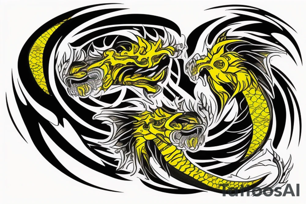 Arm band tattoo
dragon tattoo with black scales, yellow highlights on scales, long sharp claws, silky hair and intense eyes. dragon has lions hair

silky hair
trippy
abstract negative spaces
scratch marks tattoo idea