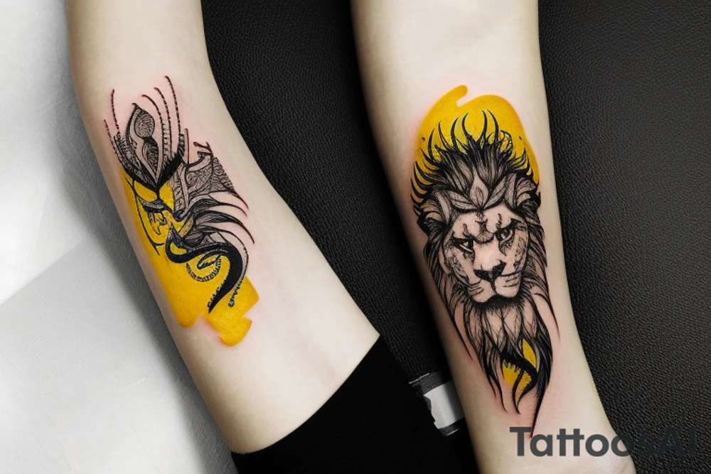 Arm band tattoo
dragon tattoo with black scales, yellow highlights on scales, long sharp claws, silky hair and intense eyes. dragon has lions hair

silky hair
trippy
abstract negative spaces
scratch marks tattoo idea