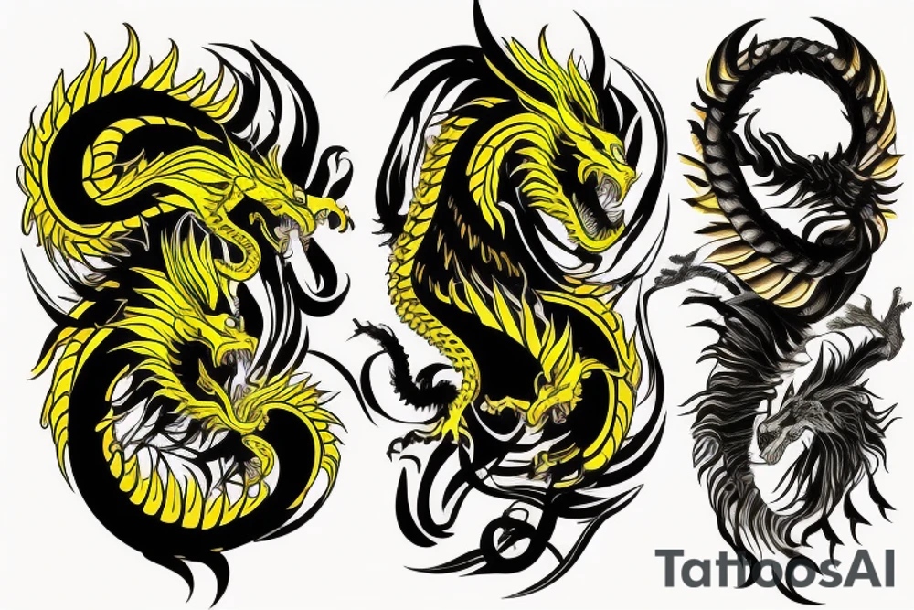Arm band tattoo
dragon tattoo with black scales, yellow highlights on scales, long sharp claws, silky hair and intense eyes. dragon has lions hair

silky hair
trippy
abstract negative spaces
scratch marks tattoo idea