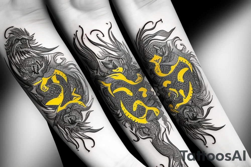 Arm band tattoo
dragon tattoo with black scales, yellow highlights on scales, long sharp claws, silky hair and intense eyes. dragon has lions hair

silky hair
trippy
abstract negative spaces
scratch marks tattoo idea