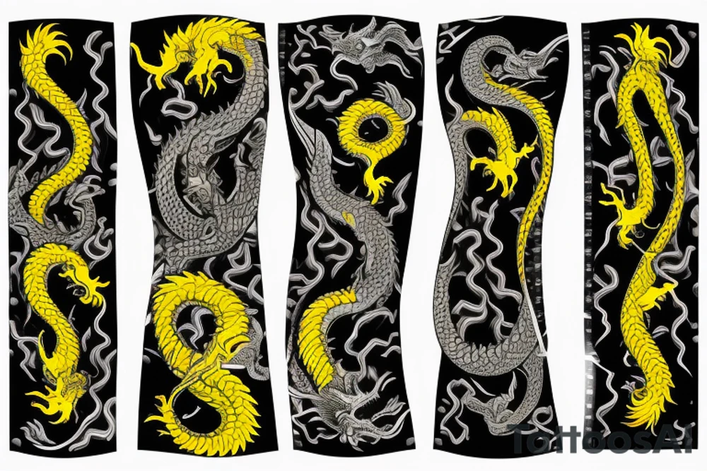 Arm band tattoo
dragon tattoo with black scales, yellow highlights on scales, long sharp claws, silky hair and intense eyes. dragon has lions hair

silky hair
trippy
abstract negative spaces
scratch marks tattoo idea