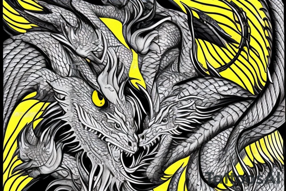 Arm band tattoo
dragon tattoo with black scales, yellow highlights on scales, long sharp claws, silky hair and intense eyes. dragon has lions hair

silky hair
trippy
abstract negative spaces
scratch marks tattoo idea