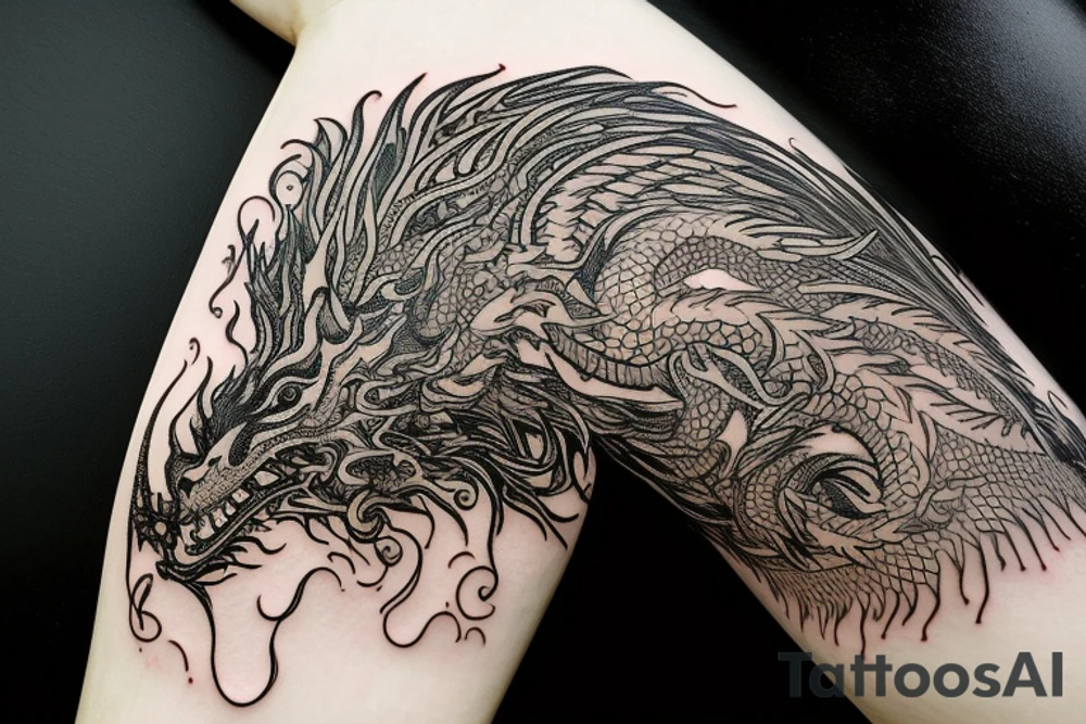 Arm band tattoo
dragon tattoo with black scales, yellow highlights on scales, long sharp claws, silky hair and intense eyes. dragon has lions hair

silky hair
trippy
abstract negative spaces
scratch marks tattoo idea