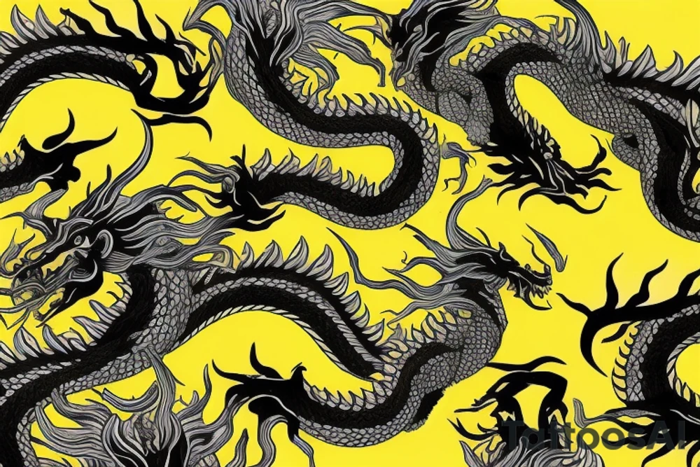 Arm band tattoo
dragon tattoo with black scales, yellow highlights on scales, long sharp claws, silky hair and intense eyes. dragon has lions hair

silky hair
trippy
abstract negative spaces
scratch marks tattoo idea