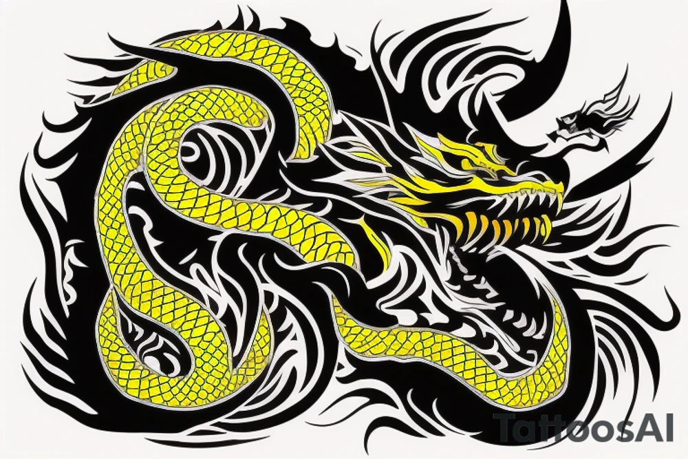 Arm band tattoo
dragon tattoo with black scales, yellow highlights on scales, long sharp claws, silky hair and intense eyes. dragon has lions hair

silky hair
trippy
abstract negative spaces
scratch marks tattoo idea