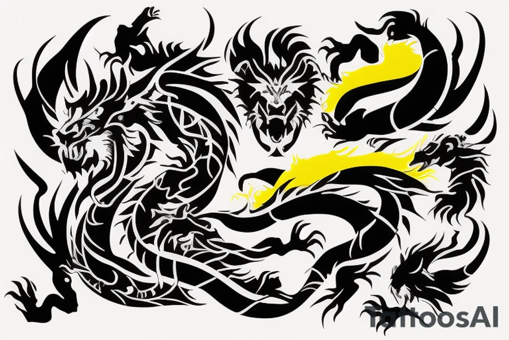 Arm band tattoo
dragon tattoo with black scales, yellow highlights on scales, long sharp claws, silky hair and intense eyes. dragon has lions hair

silky hair
trippy
abstract negative spaces
scratch marks tattoo idea