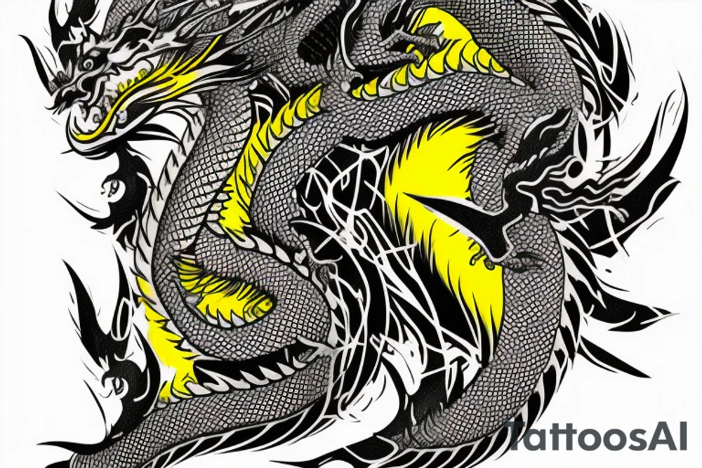 Shoulder sleeve tattoo
dragon tattoo with black scales, yellow highlights on scales, long sharp claws, silky hair and intense eyes. dragon has lions hair

silky hair
trippy
abstract negative spaces
scratch marks tattoo idea