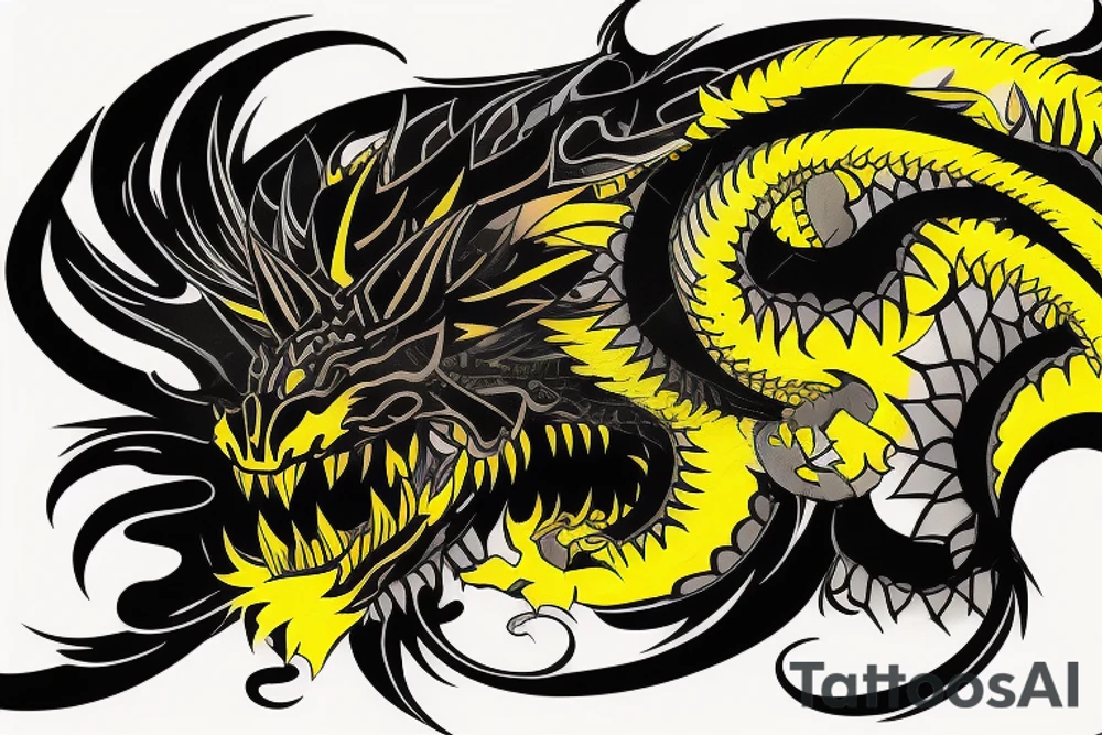 Shoulder sleeve tattoo
dragon tattoo with black scales, yellow highlights on scales, long sharp claws, silky hair and intense eyes. dragon has lions hair

silky hair
trippy
abstract negative spaces
scratch marks tattoo idea