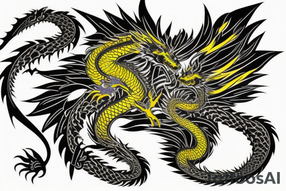Shoulder sleeve tattoo
dragon with black scales, yellow highlights on scales, long sharp claws, silky hair and intense eyes. dragon has lions hair

silky hair
trippy
abstract negative spaces
scratch marks tattoo idea
