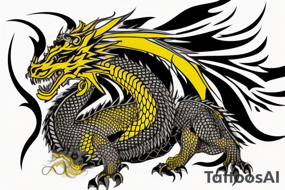 Shoulder sleeve tattoo
dragon with black scales, yellow small highlights on scales, long sharp claws, silky hair and intense eyes. dragon has lions hair

silky hair
trippy
abstract negative spaces
scratch marks tattoo idea