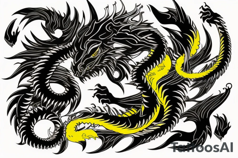 Shoulder sleeve tattoo
dragon with black scales, yellow small highlights on scales, long sharp claws, silky hair and intense eyes. dragon has lions hair

silky hair
trippy
abstract negative spaces
scratch marks tattoo idea