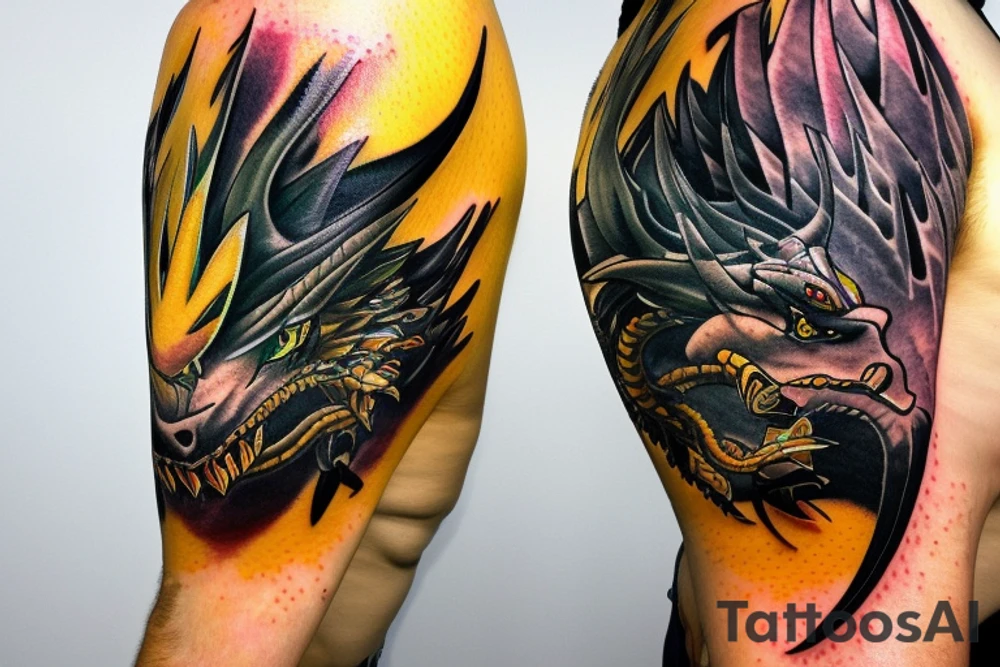 Shoulder sleeve tattoo
dragon with black scales, yellow small highlights on scales, long sharp claws, silky hair and intense eyes. dragon has lions hair

silky hair
trippy
abstract negative spaces
scratch marks tattoo idea