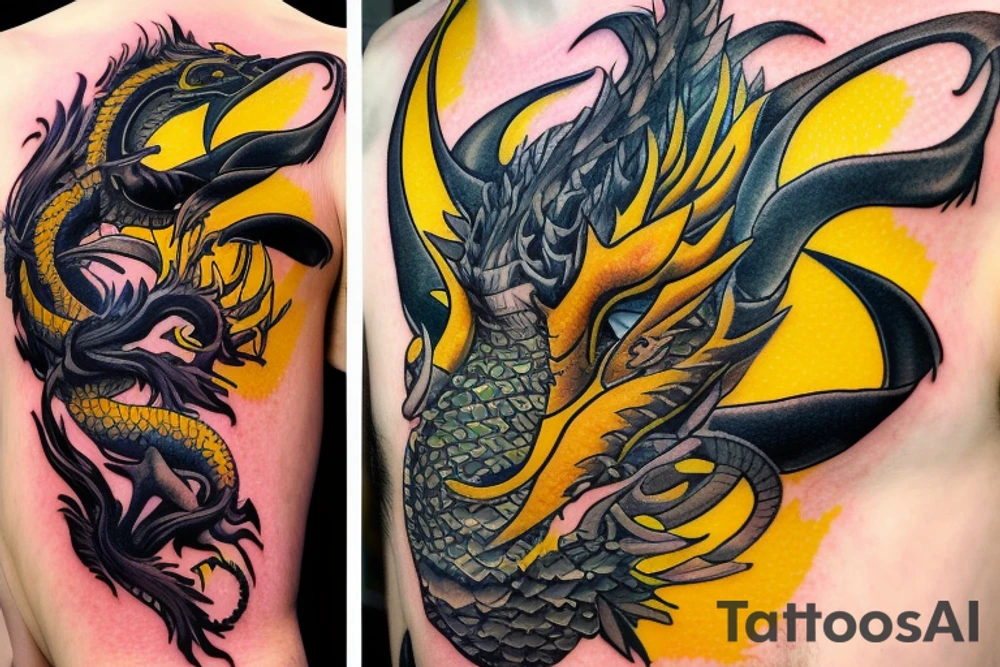 Shoulder sleeve tattoo
dragon with black scales, yellow small highlights on scales, long sharp claws, silky hair and intense eyes. dragon has lions hair

silky hair
trippy
abstract negative spaces
scratch marks tattoo idea