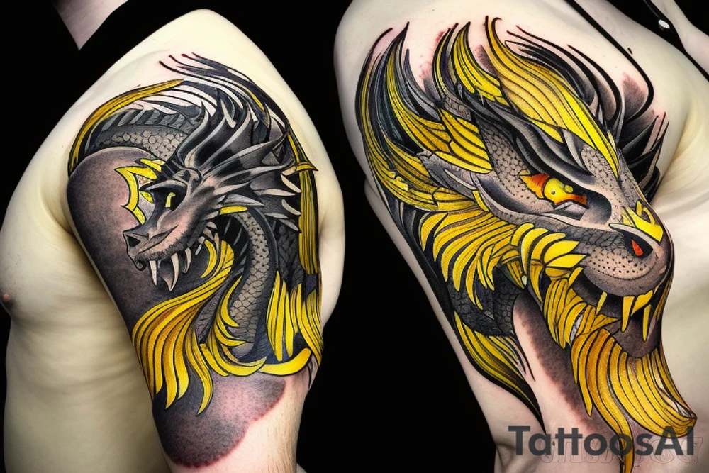 Shoulder sleeve tattoo
dragon with black scales, yellow small highlights on scales, long sharp claws, silky hair and intense eyes. dragon has lions hair

silky hair
trippy
abstract negative spaces
scratch marks tattoo idea