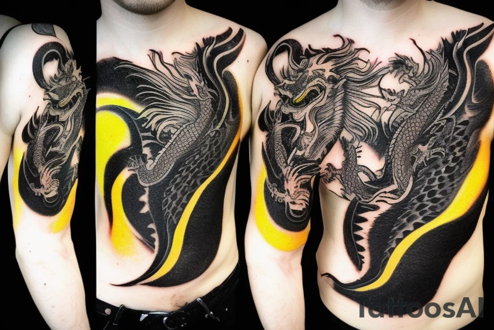 Shoulder sleeve tattoo
dragon with black scales, yellow small highlights on scales, long sharp claws, silky hair and intense eyes. dragon has lions hair

silky hair
trippy
abstract negative spaces
scratch marks tattoo idea