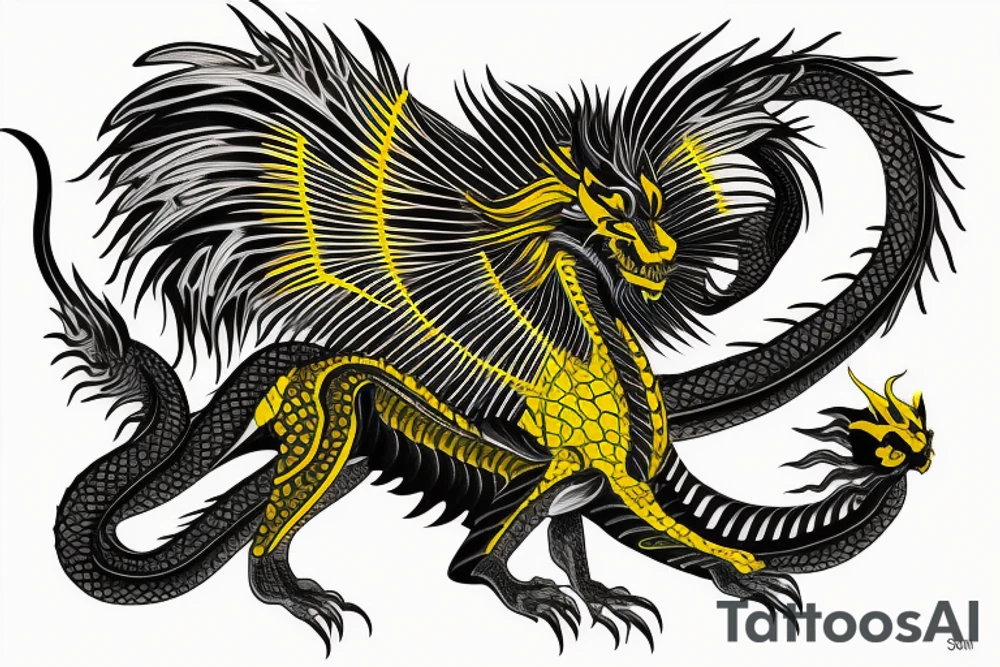 Shoulder sleeve tattoo
dragon with black scales, yellow small highlights on scales, long sharp claws, silky hair and intense eyes. dragon has lions hair

silky hair
trippy
abstract negative spaces
scratch marks tattoo idea