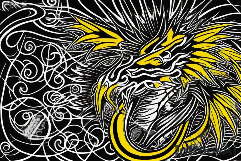 Shoulder sleeve tattoo
dragon with black scales, yellow small highlights on scales, long sharp claws, silky hair and intense eyes. dragon has lions hair

silky hair
trippy
abstract negative spaces
scratch marks tattoo idea