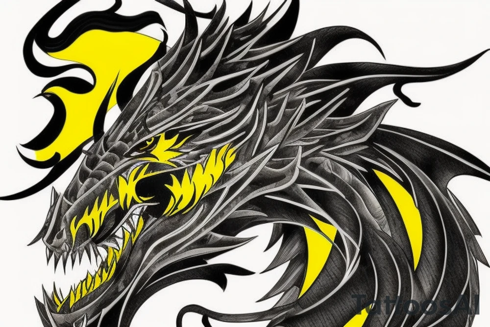 Shoulder sleeve tattoo
dragon with black scales, yellow small highlights on scales, long sharp claws, silky hair and intense eyes. dragon has lions hair

silky hair
trippy
abstract negative spaces
scratch marks tattoo idea