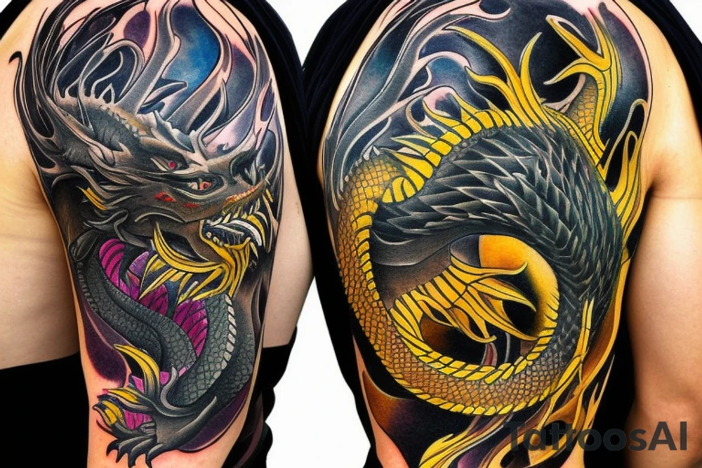 Shoulder sleeve tattoo
dragon with black scales, yellow small highlights on scales, long sharp claws, silky hair and intense eyes. dragon has lions hair

silky hair
trippy
abstract negative spaces
scratch marks tattoo idea