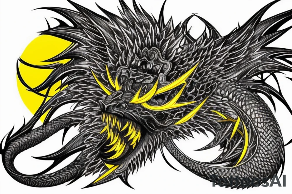 Shoulder sleeve tattoo
dragon with black scales, yellow small highlights on scales, long sharp claws, silky hair and intense eyes. dragon has lions hair

silky hair
trippy
abstract negative spaces
scratch marks tattoo idea