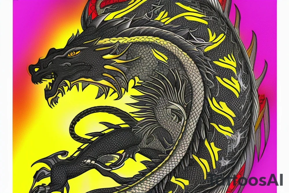 Shoulder sleeve tattoo
dragon with black scales, yellow small highlights on scales, long sharp claws, silky hair and intense eyes. dragon has lions hair

silky hair
trippy
abstract negative spaces
scratch marks tattoo idea