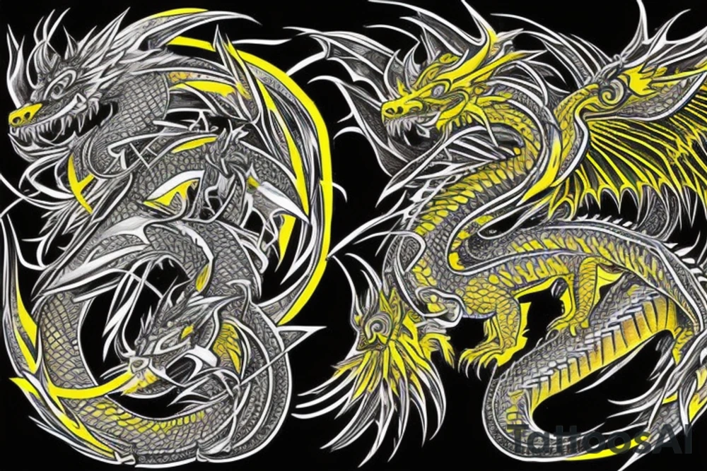 Shoulder sleeve tattoo
dragon with black scales, yellow small highlights on scales, long sharp claws, silky hair and intense eyes. dragon has lions hair

silky hair
trippy
abstract negative spaces
scratch marks tattoo idea
