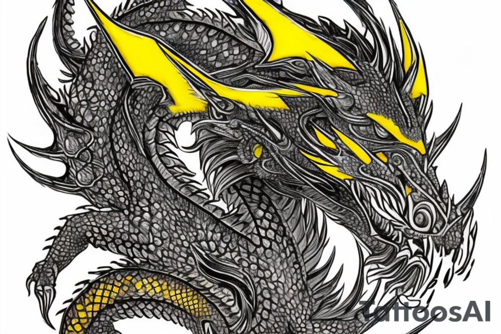 Shoulder sleeve tattoo
dragon with black scales, yellow small highlights on scales, long sharp claws, silky hair and intense eyes. dragon has lions hair

silky hair
trippy
abstract negative spaces
scratch marks tattoo idea