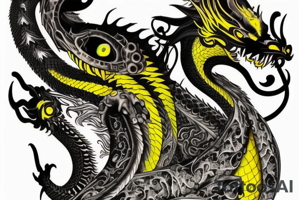 Shoulder sleeve tattoo
dragon with black scales, yellow small highlights on scales, long sharp claws, silky hair and intense eyes. dragon has lions hair

silky hair
trippy
abstract negative spaces
scratch marks tattoo idea