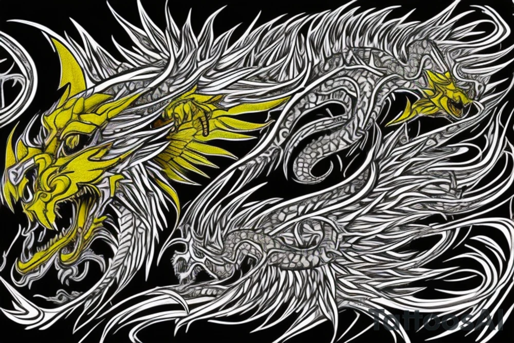 Shoulder sleeve tattoo
dragon with black scales, yellow small highlights on scales, long sharp claws, silky hair and intense eyes. dragon has lions hair

silky hair
trippy
abstract negative spaces
scratch marks tattoo idea